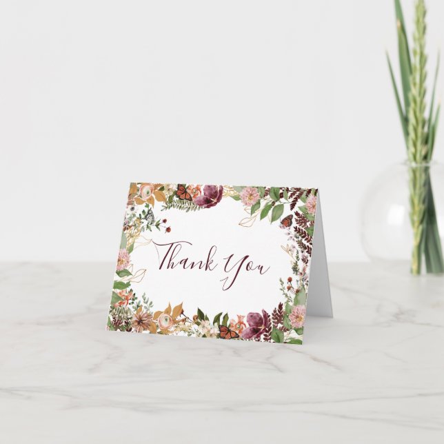 Rustic Fall Floral Bridal Shower Letterpress Thank You Card (Front)