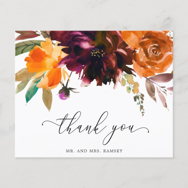 Rustic Fall Floral Budget Wedding Thank You Card (Front)