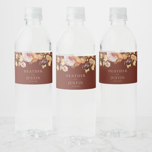 Rustic Fall Floral Burgundy Wedding  Water Bottle Label
