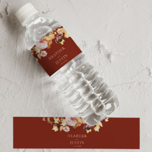 Rustic Fall Floral Burgundy Wedding Water Bottle Label