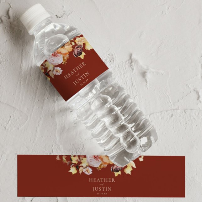 Rustic Fall Floral Burgundy Wedding  Water Bottle Label (Creator Uploaded)