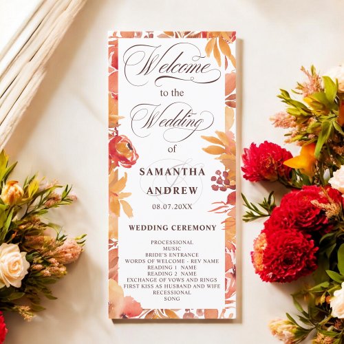 Rustic fall floral calligraphy wedding program