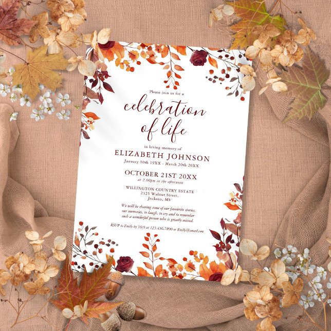 Rustic Fall Floral Celebration Of Life Funeral Invitation (Rustic Fall Floral Celebration Of Life Funeral Invitation)