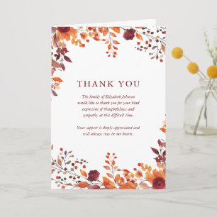 Rustic Fall Floral Celebration Of Life Funeral Thank You Card