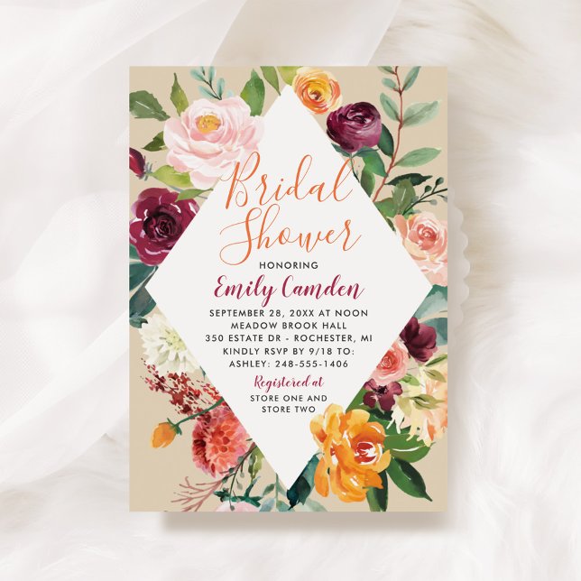 Rustic Fall Floral Diamond Wedding Bridal Shower Invitation (Creator Uploaded)