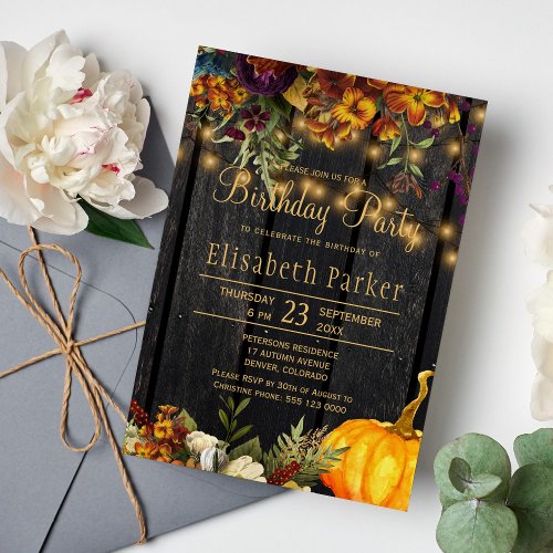 Rustic fall floral elegant barn wood birthday invitation