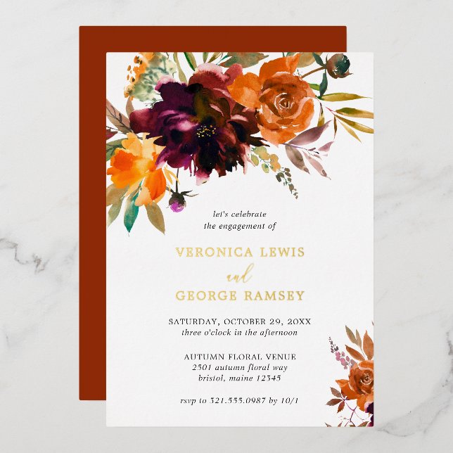 Rustic Fall Floral Elegant Engagement Party Foil Invitation (Front/Back)