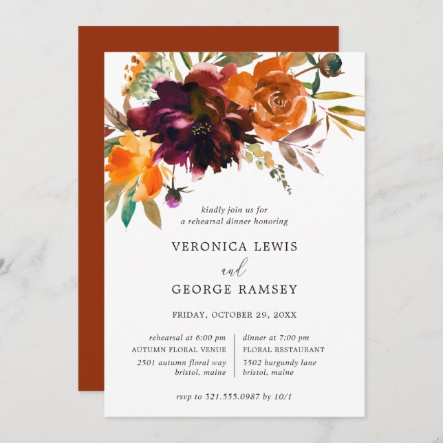 Rustic Fall Floral Elegant Rehearsal Dinner Invitation (Front/Back)