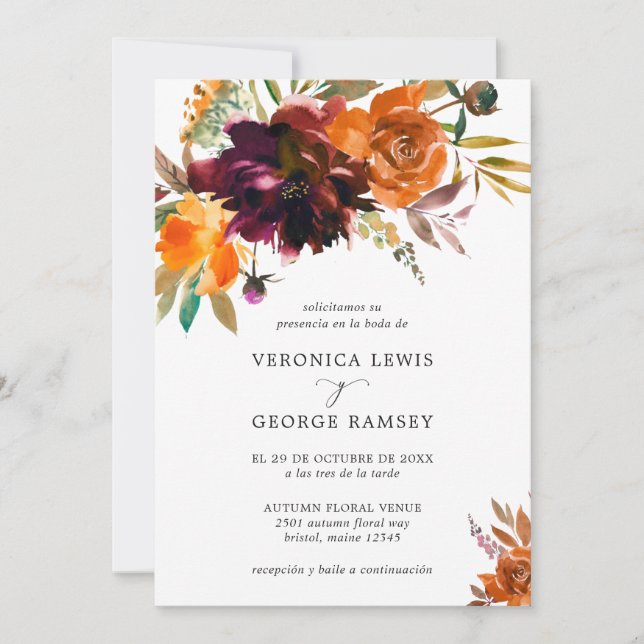 Rustic Fall Floral Elegant Spanish Wedding Invitation (Front)