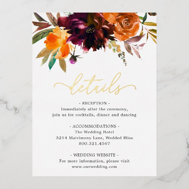 Rustic Fall Floral Elegant Wedding Enclosure Card (Front)
