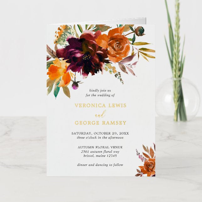 Rustic Fall Floral Elegant Wedding Foil Invitation (Front)