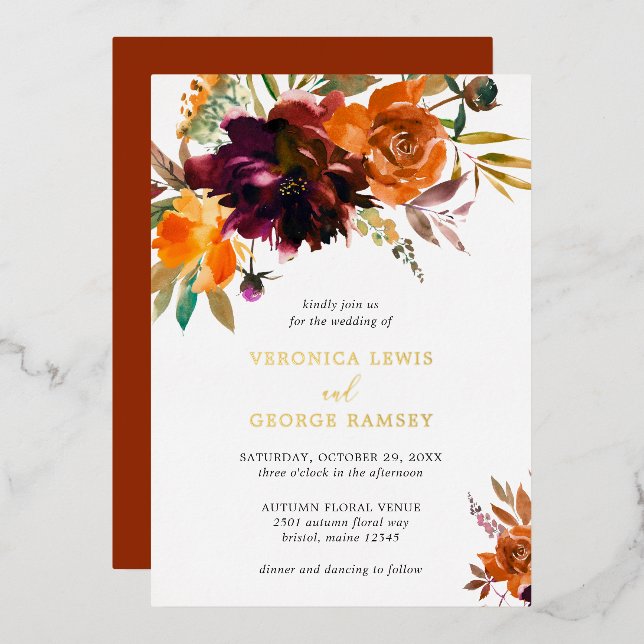 Rustic Fall Floral Elegant Wedding Foil Invitation (Front/Back)