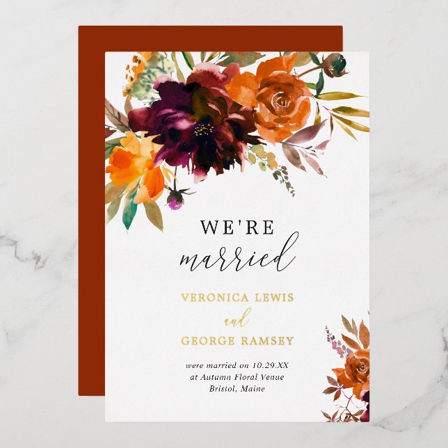 Rustic Fall Floral Elegant Wedding Reception Foil Invitation (Front/Back)