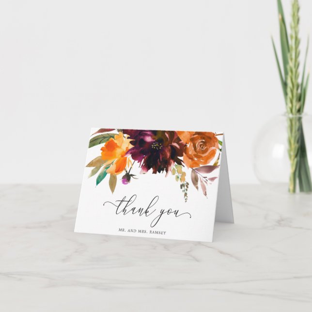 Rustic Fall Floral Elegant Wedding Thank You Card (Front)