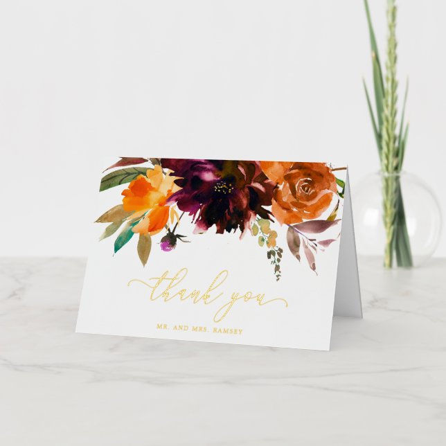Rustic Fall Floral Elegant Wedding Thank You Foil Greeting Card (Front)