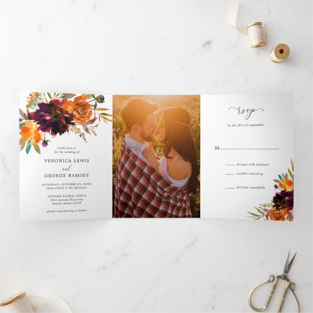 Rustic Fall Floral Elegant Wedding Tri-Fold Invitation (Inside)