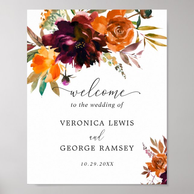Rustic Fall Floral Elegant Wedding Welcome Sign (Front)