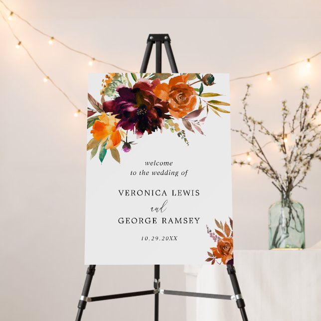 Rustic Fall Floral Elegant Wedding Welcome Sign (In Situ (Stand))