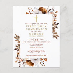Rustic Fall Floral First Holy Communion Invitation Postcard