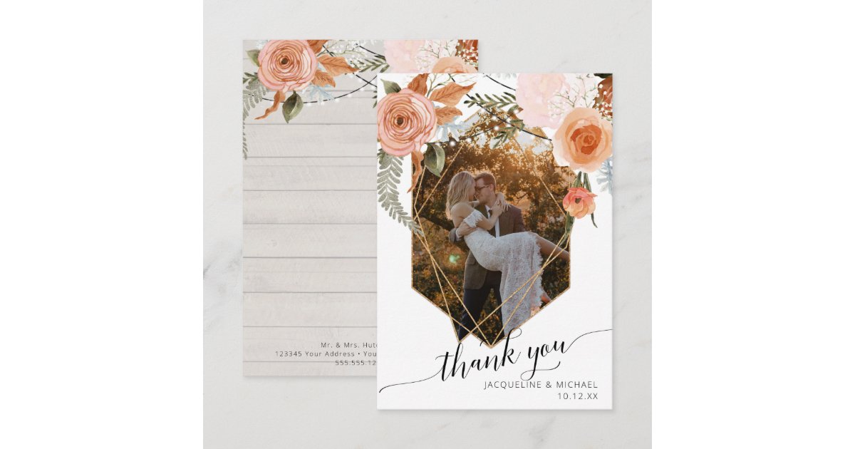 Rustic Fall Floral Foliage Geometric Gold Photo Thank You Card | Zazzle