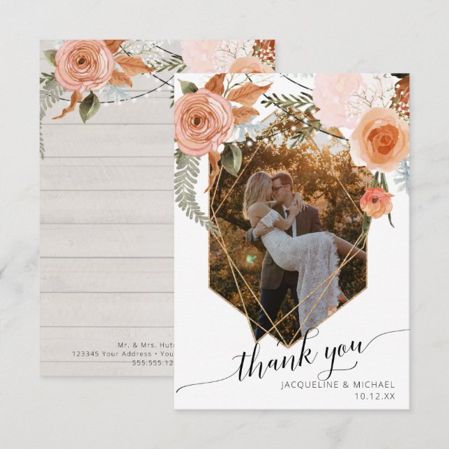 Rustic Fall Floral Foliage Geometric Gold Photo Thank You Card (Front/Back)
