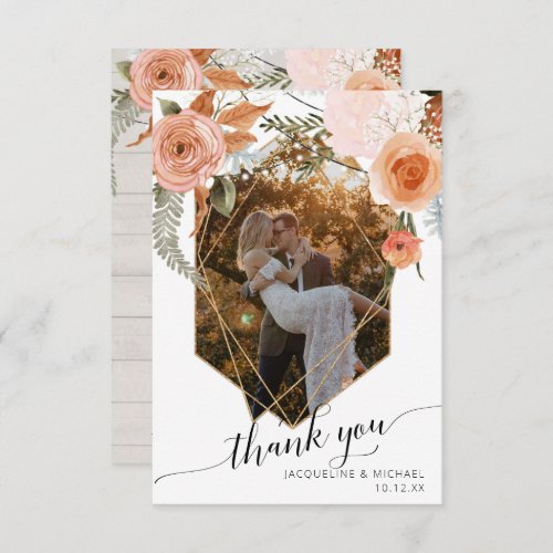 Rustic Fall Floral Foliage Geometric Gold Photo Thank You Card