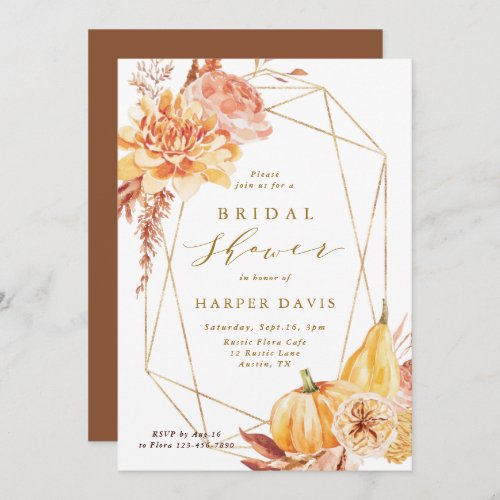 Rustic Fall Floral Geometric Gold Bridal Shower Invitation