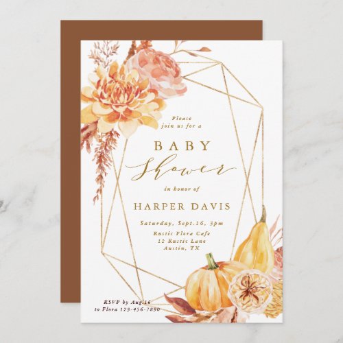 Rustic Fall Floral Gold Geometric Baby Shower Invitation