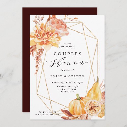 Rustic Fall Floral Gold Geometric Couples Shower Invitation