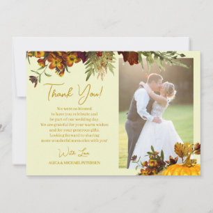 Rustic fall floral gold script photo wedding thank you card