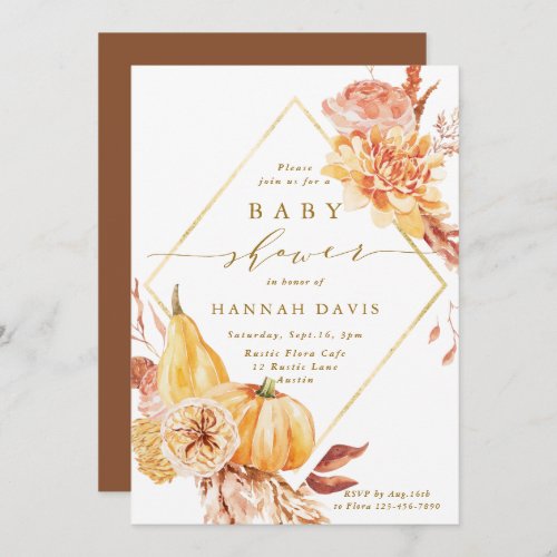 Rustic Fall Floral Gold Script Pumpkin Baby Shower Invitation