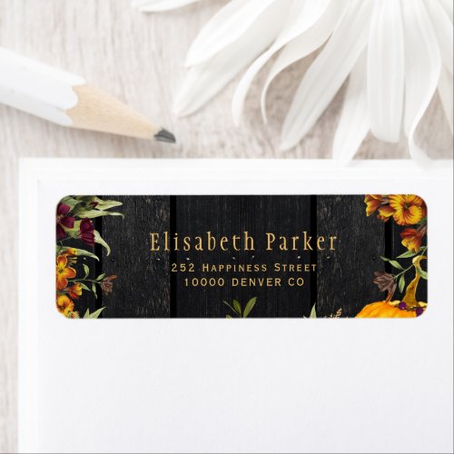 Rustic fall floral gold typography return address label