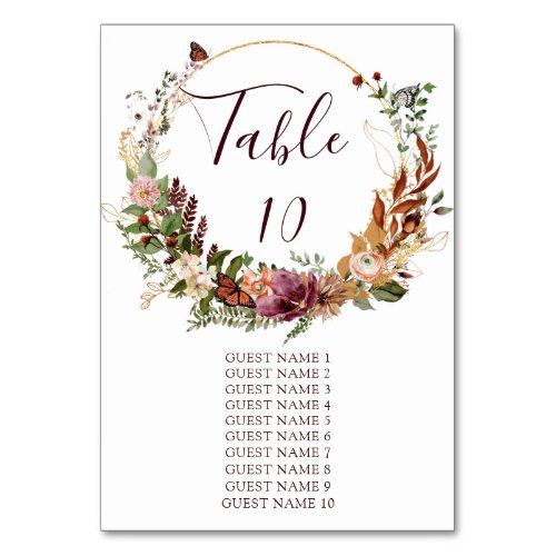 Rustic Fall Floral  Greenery Guest Names Table Number