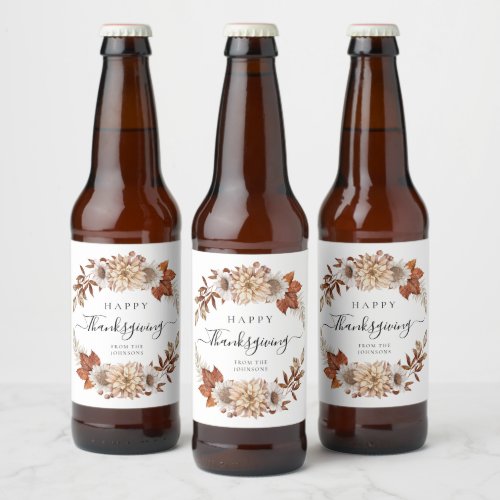Rustic Fall Floral Happy Thanksgiving  Beer Bottle Label