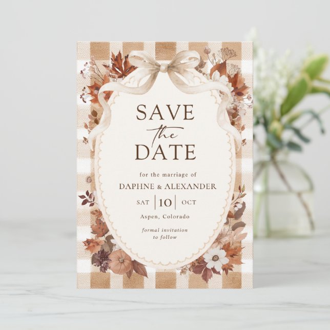 Rustic Fall Floral Leaves Plaid Save The Date (Standing Front)