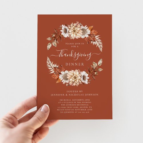 Rustic Fall Floral Leaves Thanksgiving Dinner  Invitation