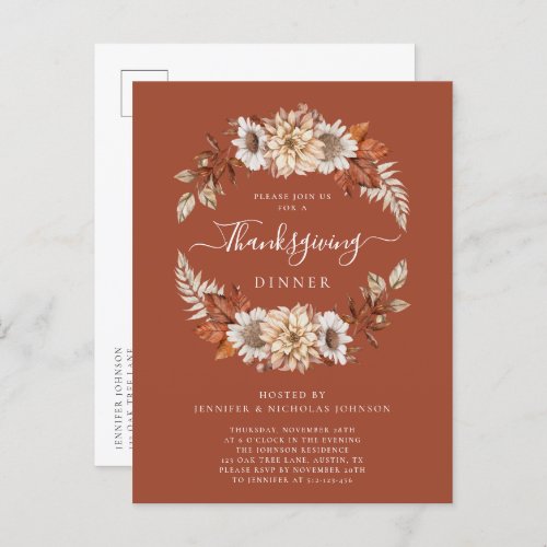 Rustic Fall Floral Leaves Thanksgiving Dinner  Invitation Postcard