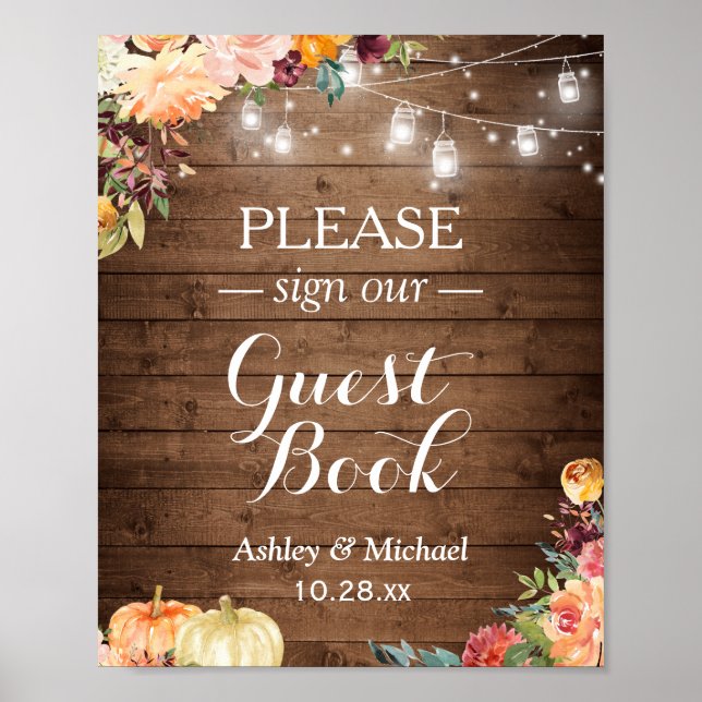 Rustic Fall Floral Mason Jar Lights Sign Guestbook (Front)