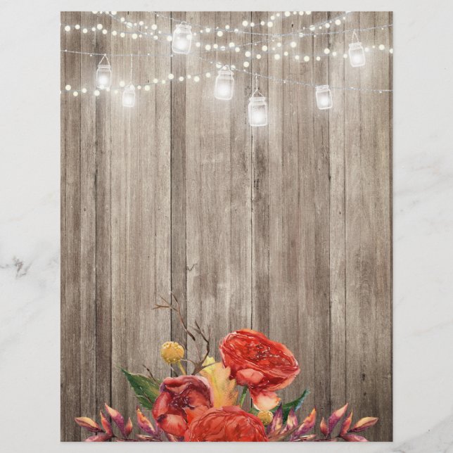 Rustic Fall Floral & Mason Jars Scrapbook Paper (Front)