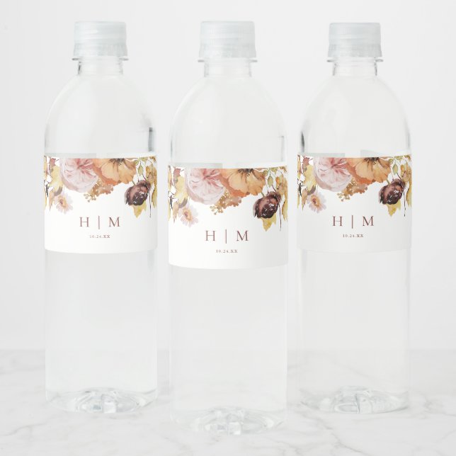Rustic Fall Floral Monogram Wedding  Water Bottle Label (Bottles)