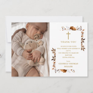 Rustic Fall Floral Photo Baptism Christening Thank You Card