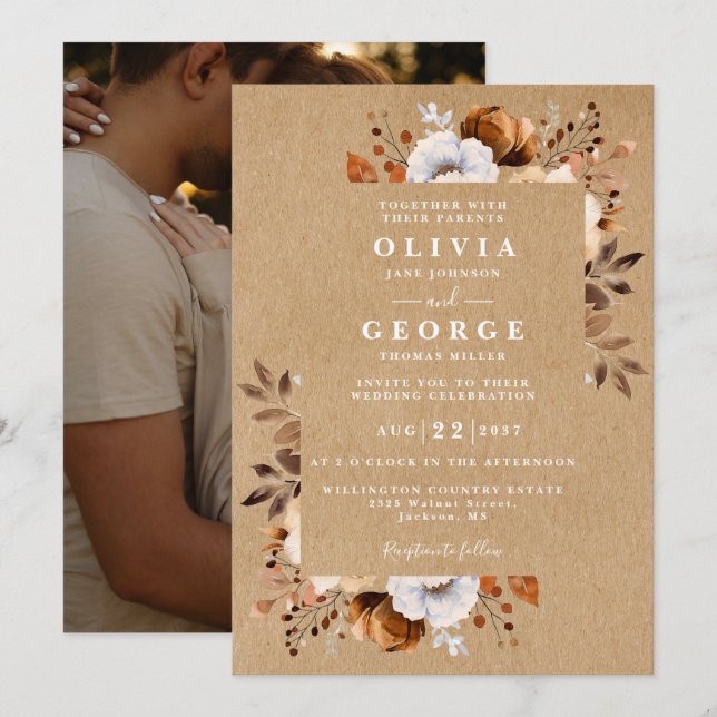 Rustic Fall Floral Photo Wedding Invitation (Front/Back)