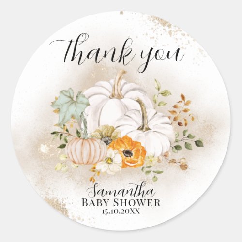 Rustic Fall Floral Pumpkin Baby Shower Thanks  Classic Round Sticker