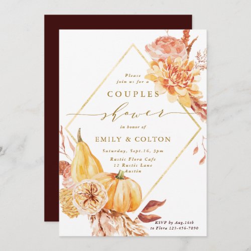 Rustic Fall Floral Pumpkin Gold Couples Shower  Invitation