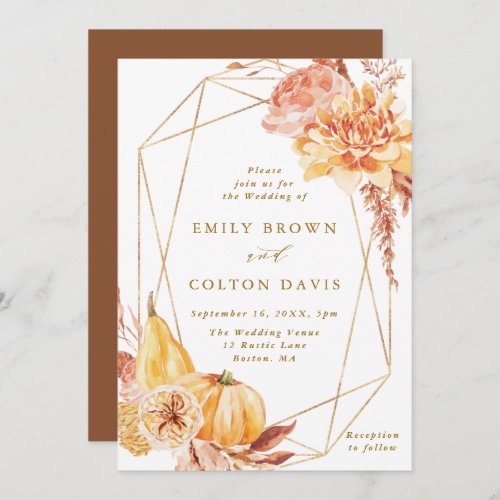 Rustic Fall Floral Pumpkin Gold Geometric Wedding Invitation