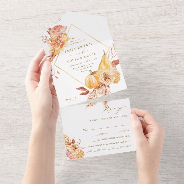 Rustic Fall Floral Pumpkin Gold Wedding  All In One Invitation (Tearaway)