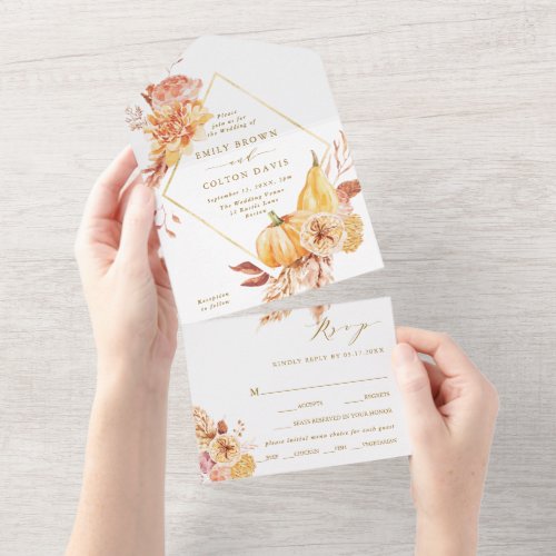 Rustic Fall Floral Pumpkin Gold Wedding  All In One Invitation
