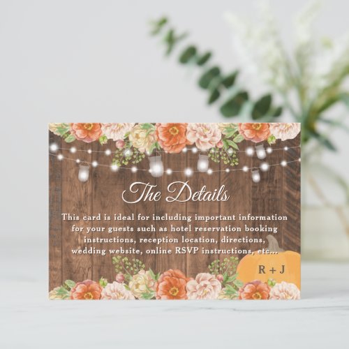 Rustic Fall Floral Pumpkin Lights Wedding Details Enclosure Card
