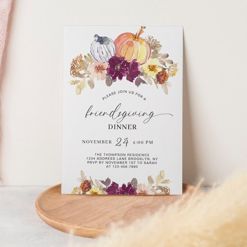 Rustic Fall Floral Pumpkin Script Friendsgiving Invitation