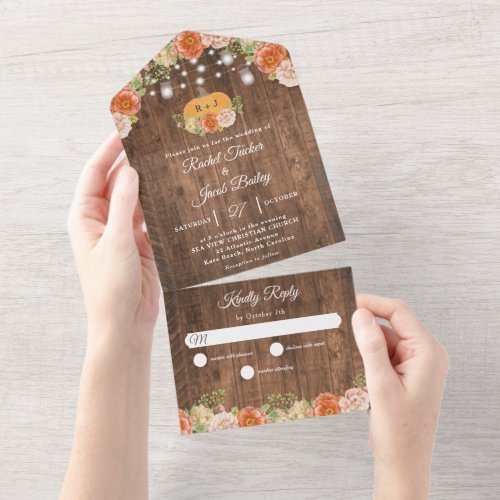 Rustic Fall Floral Pumpkin String Lights Wedding All In One Invitation